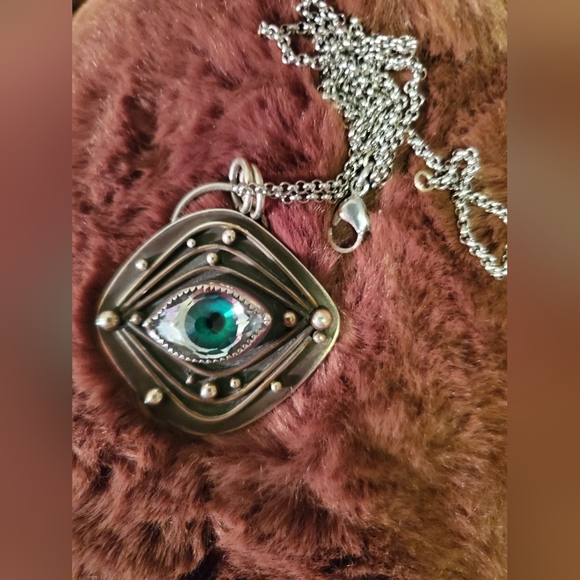 Sara At Midnight Green Crystal Eye Necklace OOAK handcrafted Artisan Witchy